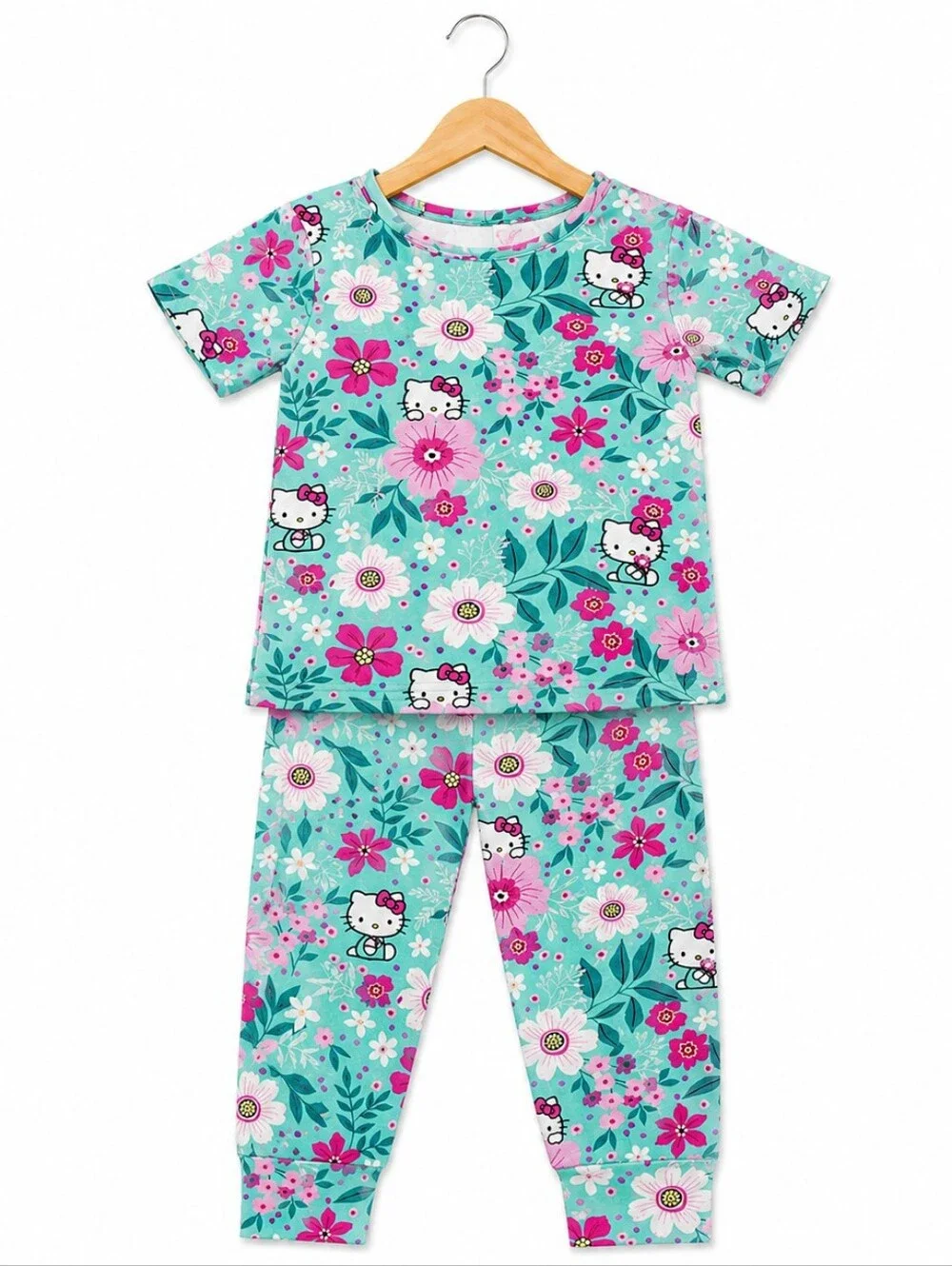 Hello Kitty Aqua and Pink Floral Kids Pajama Set